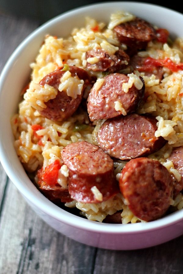 Cheesy Smoked Sausage and Rice Skillet