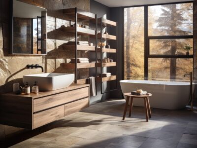 A scenic vacation home boasting rustic wood built-ins, alongside stone walls and floors that enhance its natural charm and character. Photorealistic illustration, Generative AI