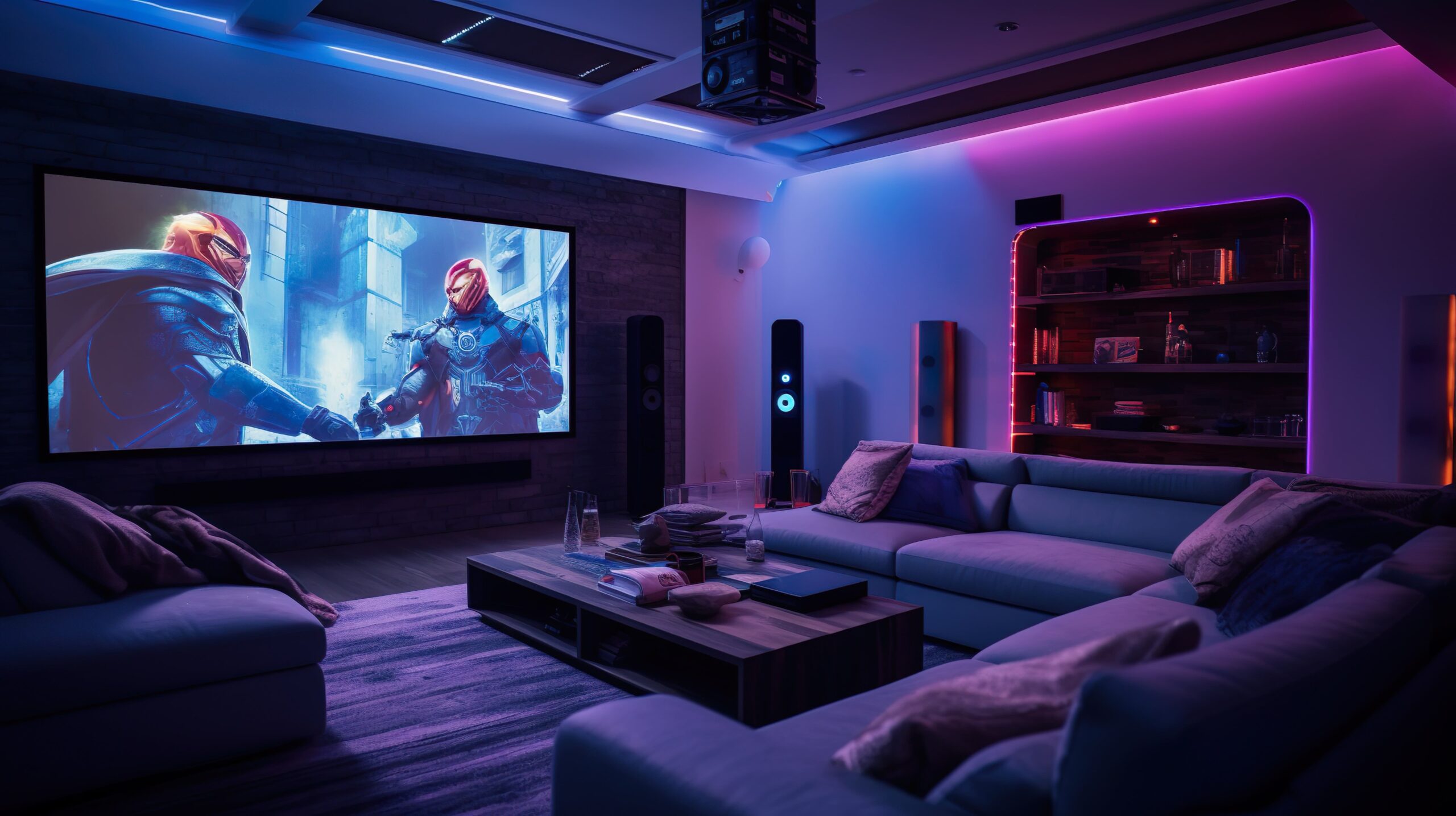 Colored LED lighting home cinema living room interior