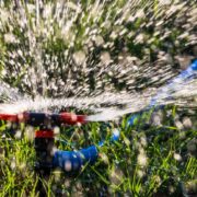 High-efficiency sprinkler watering lush green grass.