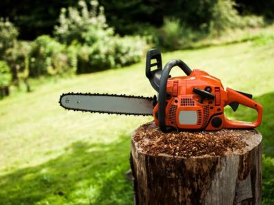 A chainsaw resting on a stump, ready for use